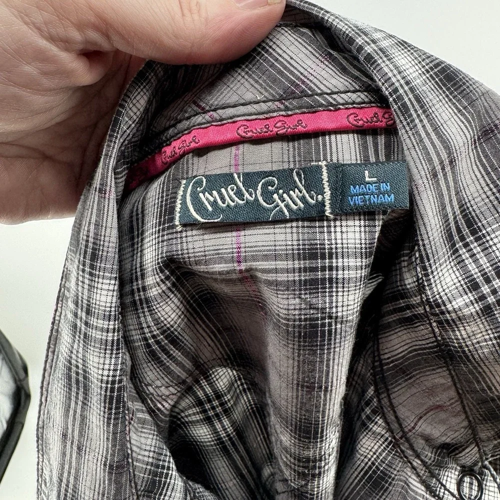 Cruel Girl Plaid Snap Shirt Youth L Gray Black Pink Western Cowgirl Rodeo Y2K